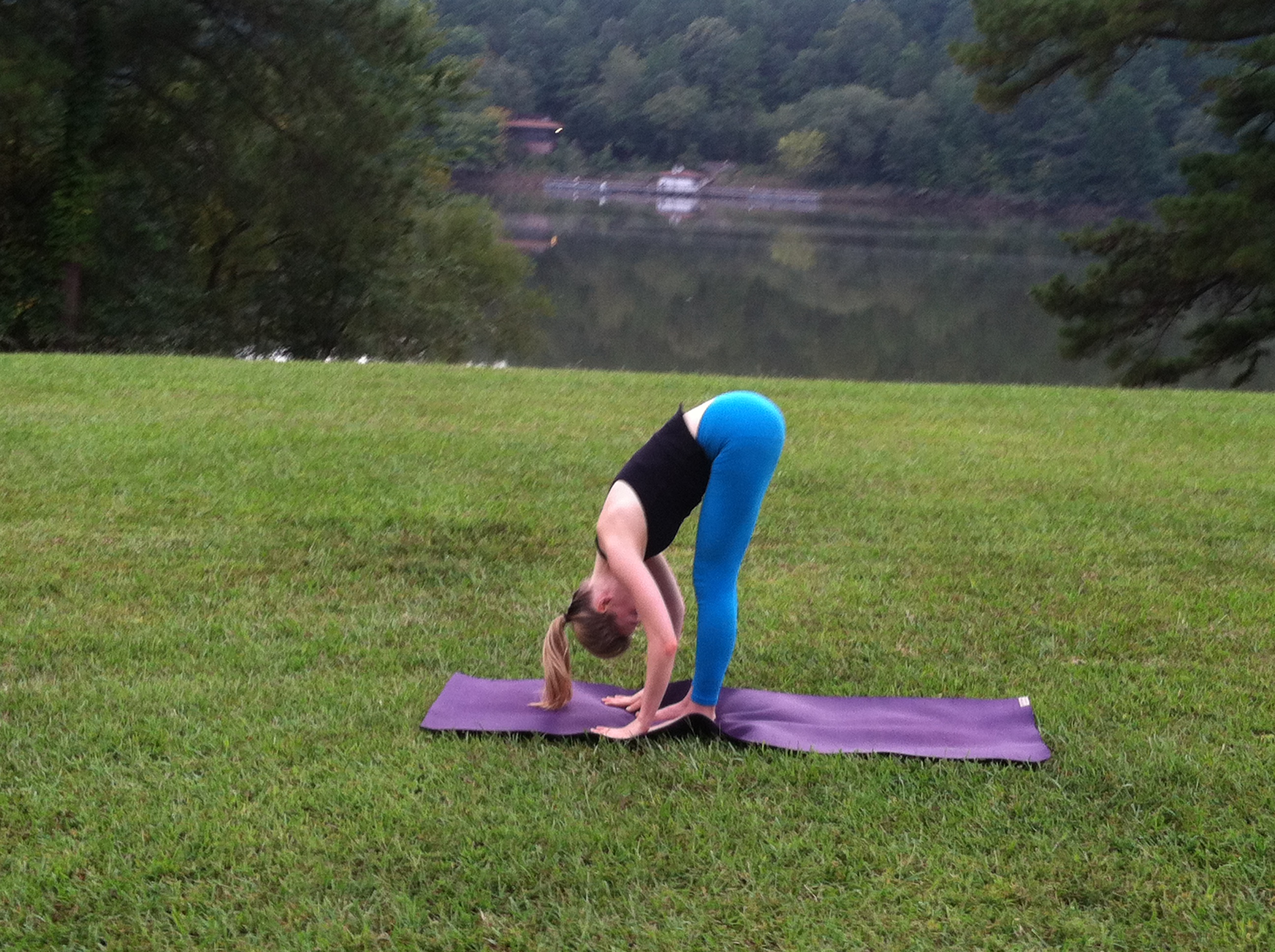 Yoga Pose: Crescent Lunge Halfway Fold with Airplane Arms