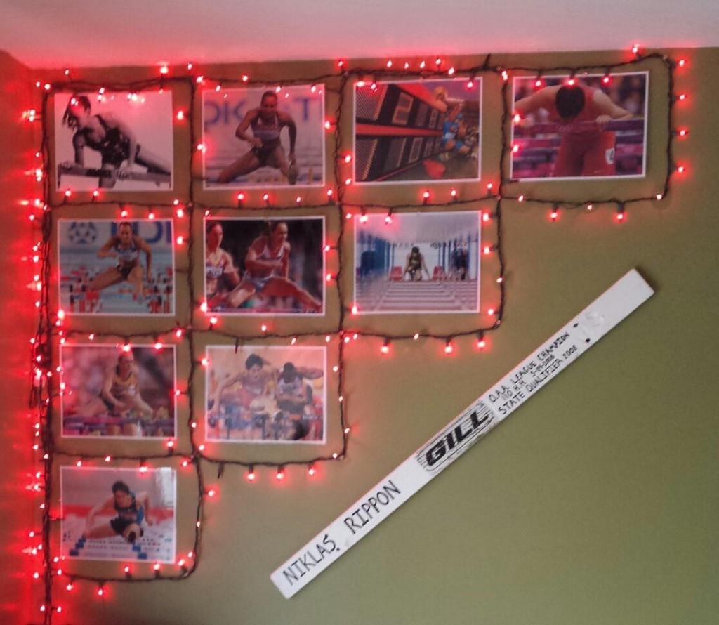 Rippon’s “Hurdle Wall” in his room includes photos of his favorite hurdlers: Liu Xiang, Sally Pearson, and Jessica Ennis.